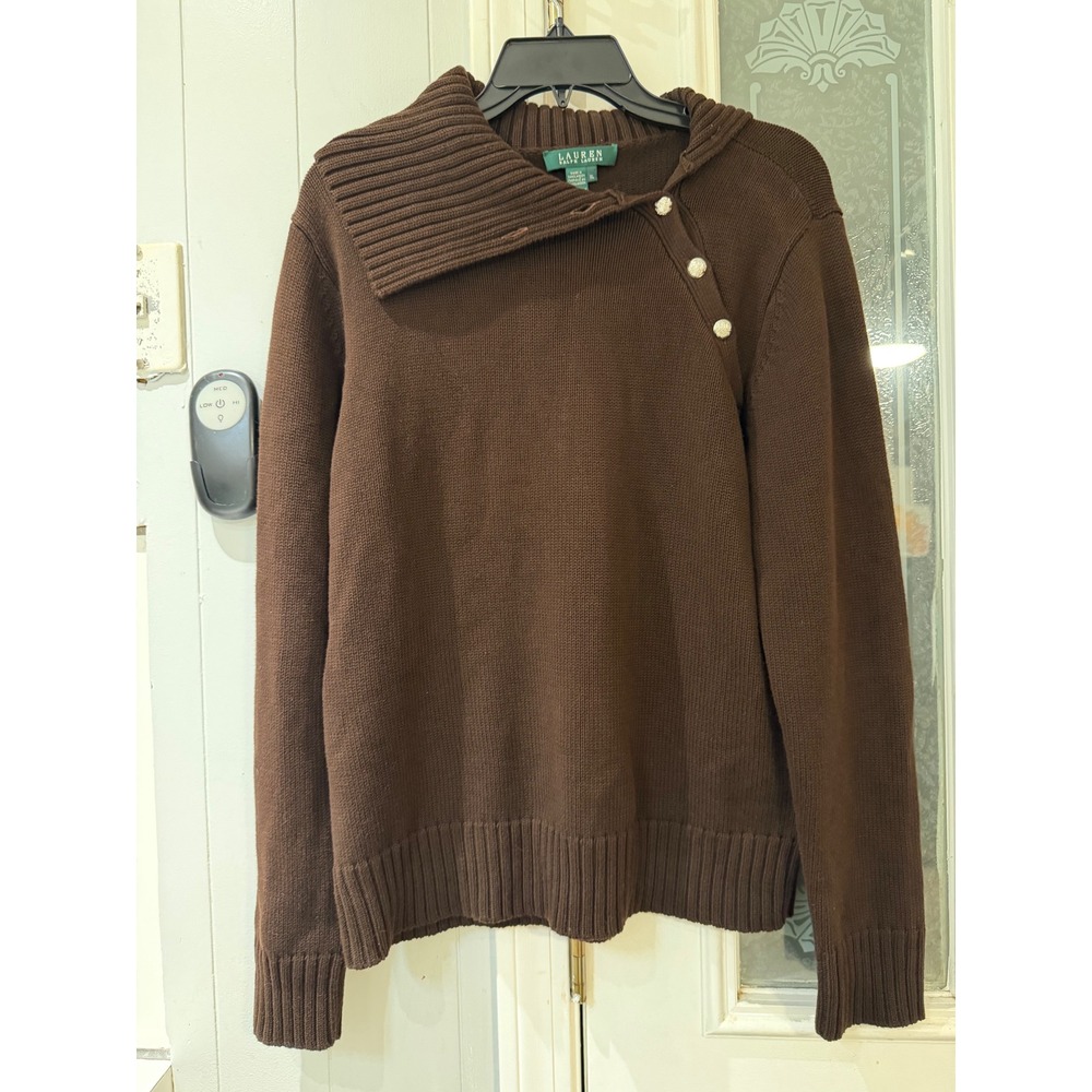 Lauren Ralph Lauren Brown Cotton Asymmetrical Button Collar Sweater XL